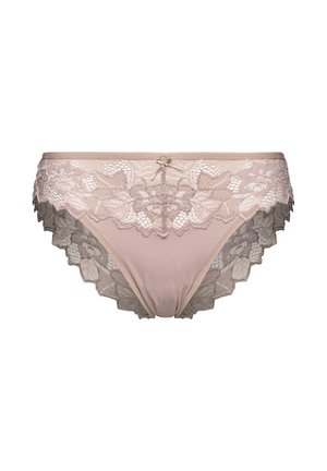 Sous-vêtements en dentelle et tissu de couleur rose clair avec une bordure en dentelle florale et des bords festonnés. Dotés d'un petit nœud décoratif à l'avant.