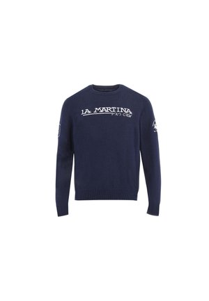 Pull bleu marine à manches longues avec le texte « LA MARTINA POLO CREW » sur la poitrine et des logos blancs sur les deux manches.