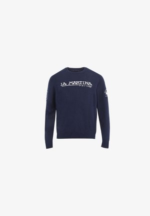 Pull bleu marine à manches longues avec le texte « LA MARTINA POLO CREW » sur la poitrine et des logos blancs sur les deux manches.