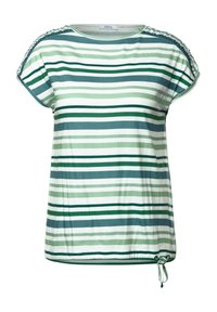 Camiseta a rayas en blanco, verde y marino. Presenta mangas cortas, detalle fruncido en los hombros y un dobladillo con cordón para un ajuste ajustable.