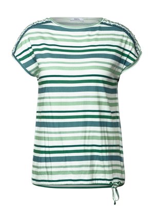 T-shirt rayé en blanc, vert et marine. Il présente des manches courtes, un détail froncé aux épaules et un ourlet avec cordon de serrage pour un ajustement personnalisable.