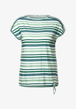 Pruhované tričko v bílé, zelené a námořnické modři. Má krátké rukávy, na ramenech nabrané detaily a spodní lem s tkaničkou pro nastavení velikosti.
