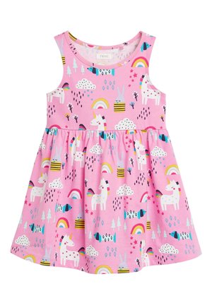 Robe rose sans manches pour tout-petit avec motifs licornes, arcs-en-ciel, nuages, lapins et poissons en couleurs pastel.