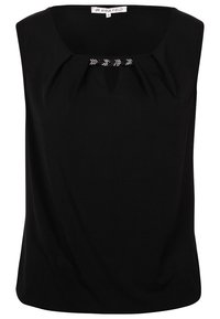 Blouse noire sans manches avec encolure carrée, détails plissés et petite bordure décorative argentée et noire au centre devant.