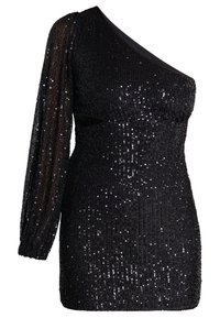 Rochie neagră din paiete, cu un design pe o umăr, mânecă lungă și ajustată, și o suprafață texturată. Siluetă ajustată cu o ușoară strălucire.