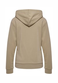 Khaki bluza z kapturem o szczotkowanej teksturze, z prążkowanymi mankietami i dołem. Prosty, niezdobiony fason z luźnym krojem. Wyświetlony widok z tyłu.