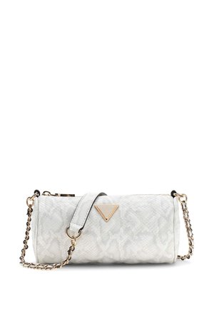 Sac à main cylindrique blanc matelassé avec texture peau de serpent, bandoulière chaîne dorée, et logo triangulaire doré au centre avant.