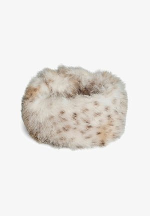 Faux fur kraag in zacht crème met een bruin gevlekt patroon. Ronde vorm met een pluizige textuur en natuurlijke kleurvariaties.