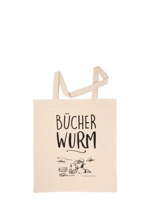 Beiger Baumwollbeutel mit schwarzem Text "Bücherwurm" und einer Illustration eines Hundes mit Brille und Hut, der neben einem Stapel Bücher ein Buch liest.