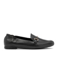 Loafers negri din piele cu toc plat, prezentând un accent cu cataramă aurie și o textură netedă. Design simplu cu vârf rotunjit.