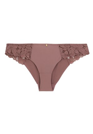Lingerie mauve avec une ceinture en dentelle florale, un corps lisse et un accent central doré. Présente une texture douce et un design sans couture pour le confort.