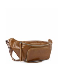 Marsupio in pelle marrone con un design curvo, dotato di una tasca frontale con zip, tracolla regolabile e accenti a righe. Texture liscia.