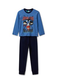 Camiseta de pijama de manga larga en algodón azul con un gráfico de "Únete a la Liga", combinada con pantalones de talle elástico en navy, que cuentan con puños ajustados.