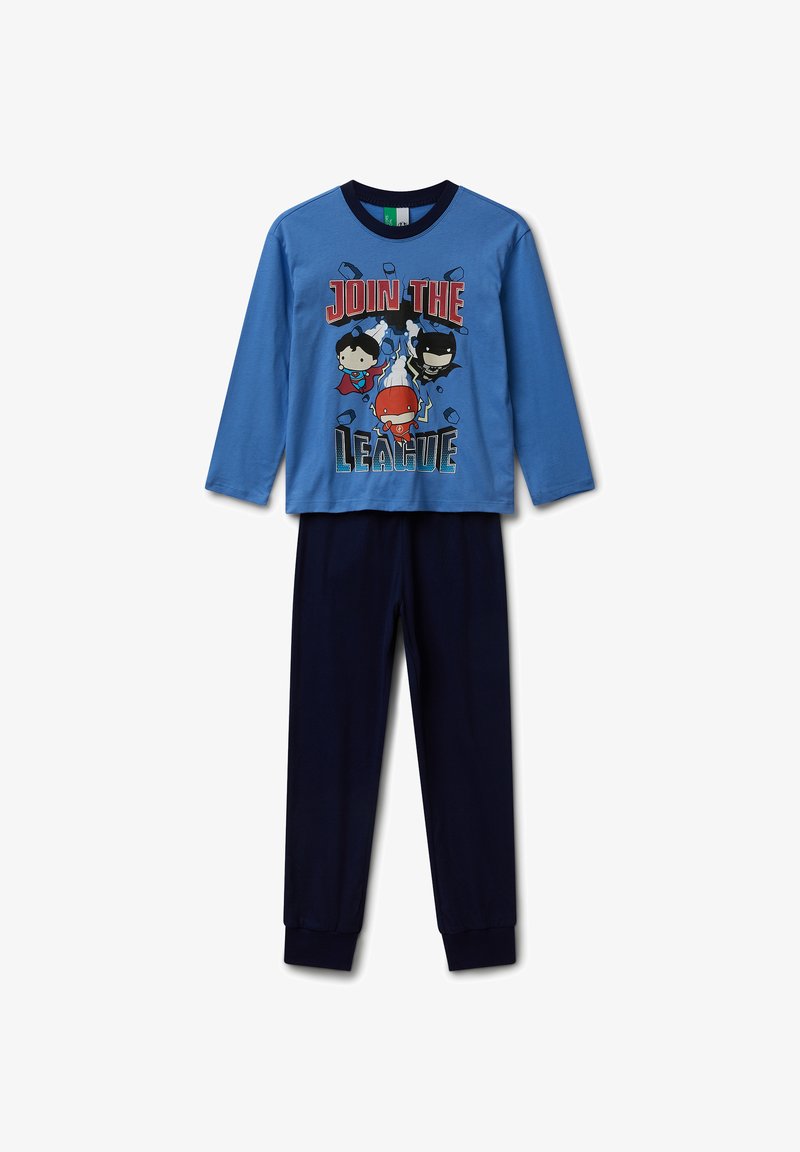 Camiseta de pijama de manga larga en algodón azul con un gráfico de "Únete a la Liga", combinada con pantalones de talle elástico en navy, que cuentan con puños ajustados.