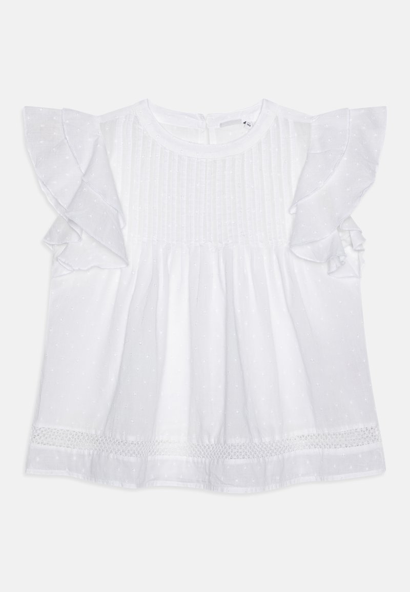 Blusa di cotone bianco con maniche corte a volant, corpetto plissettato e delicata texture a pois, con bordo in pizzo all'orlo.