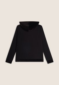 Felpa nera con cappuccio che presenta un interno morbido e vellutato, polsini e un design semplice con maniche lunghe.