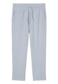 Světle modré tepláky s elastickým pasem a stahovací šňůrkou. Obsahují dvě boční kapsy a zúžené nohavice s lemovanými manžetami.