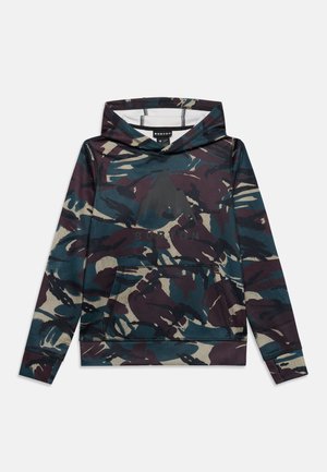 Hættetrøje med camouflageprint, frontlomme og Burton-logo på brystet. Lange ærmer og fastgjort hætte i nuancer af blå, grøn og brun.