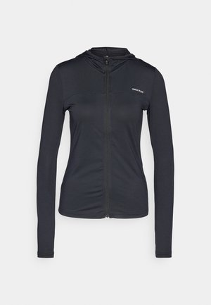 Svart zip-up hettegenser laget av lett stoff med lange ermer, med en tettsittende design og en liten logo på venstre bryst.