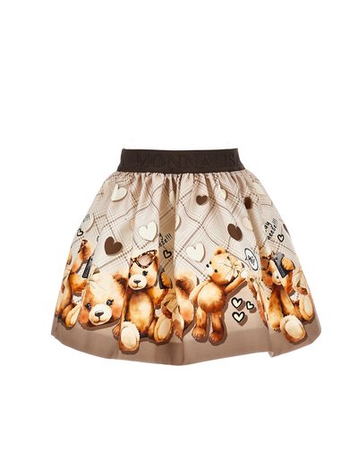 Jupe marron et beige avec des motifs d'ours en peluche et de cœurs, taille élastique et design plissé. Textes imprimés et accents présents.
