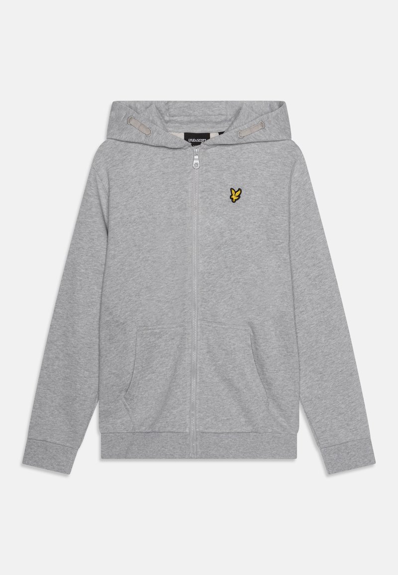 Haut à capuche gris zippé en tissu doux, doté d'une poche kangourou, d'une capuche avec cordon de serrage, et d'un logo brodé jaune sur la poitrine.