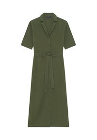 Robe verte olive à manches courtes avec taille cintrée et ceinture, présentant un devant boutonné et un col dentelé, faite en tissu texturé.