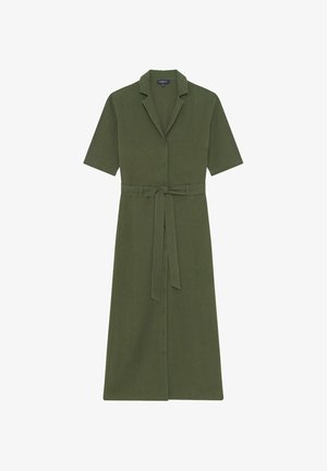 Olivi vihreä lyhythihainen mekko, jossa on vartalonmyötäinen vyötärö ja vyö, napitus edessä ja lovikaulus, valmistettu teksturoidusta kankaasta.