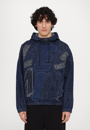Navy blue fleece hoodie with a drawstring hood, featuring large graphic text and intricate patterns, elastic cuffs, and loose fit.