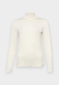 Langermet genser med høy hals i kremfarget stoff, med en tettsittende design og glatt tekstur. Ingen mønstre eller dekorasjoner.