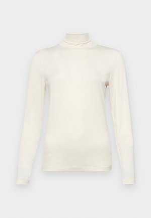 Langärmliges Turtleneck-Oberteil aus cremefarbenem Stoff, mit einem enganliegenden Design und hohem Kragen sowie glatter Textur. Keine Muster oder Akzente.