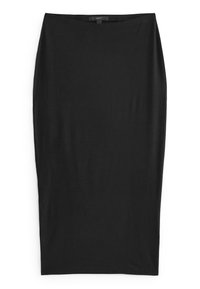 Jupe midi noire en tissu doux, présentant une silhouette ajustée, une texture lisse et une taille élastique simple. Pas de motifs ni d'embellissements visibles.