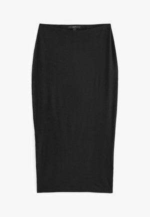 Zwarte midi-rok van zachte stof, met een getailleerde silhouet, gladde textuur en een eenvoudige elastische tailleband. Geen zichtbare patronen of versieringen.