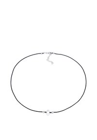 Black cord necklace with silver accents, featuring a decorative cross-shaped clasp in the center and adjustable chain for length variation.