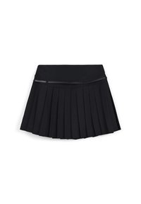 Gonna nera plissettata con dettaglio di una cintura sottile, vita alta e silhouette a A, presentata su uno sfondo bianco.