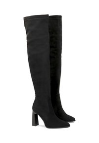 Black over-the-knee boots made of soft suede, featuring a pointed toe, a block heel, and a smooth, seamless design.