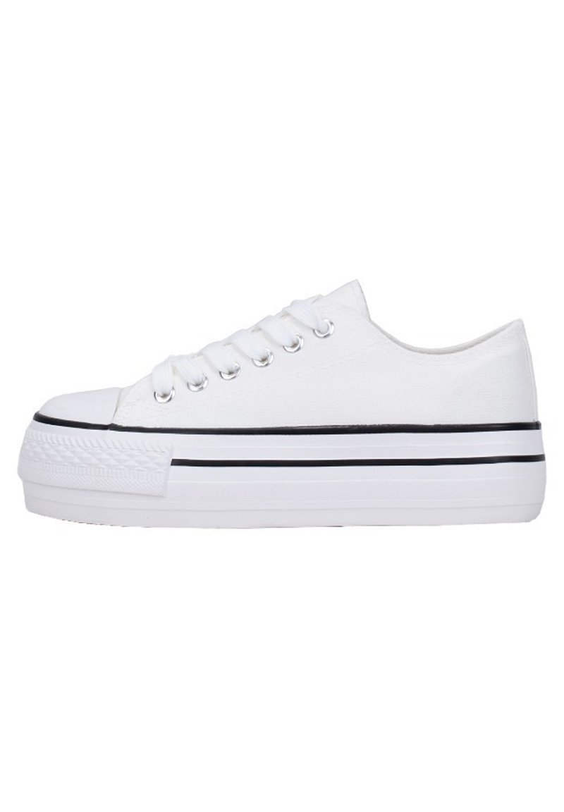 Sneakers bianchi in tela con suola platform, caratterizzati da strisce nere e sei occhielli con lacci metallici. Design classico a punta rotonda.