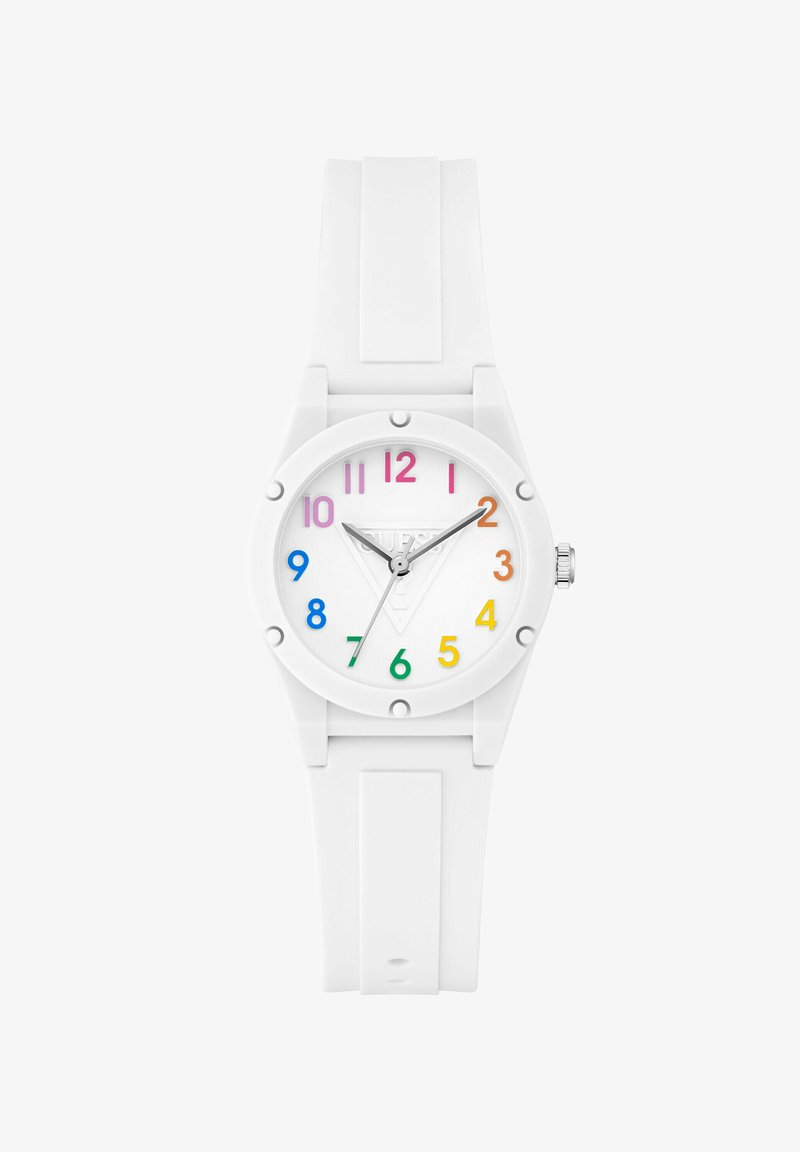 White silicone watch with a round face, colorful hour markers (1-12) and silver metal hands. Features a smooth strap and logo on the dial.