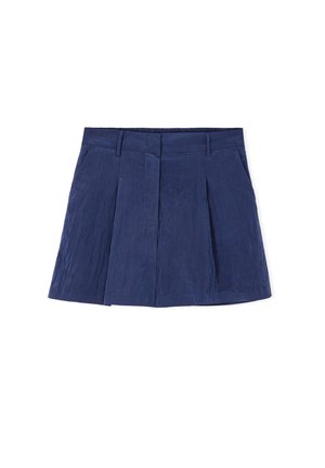 Marineblaue plissierte Rock aus strukturiertem Stoff, mit tailliertem Bund und zwei seitlichen Taschen. Klassisches Design für vielseitige Styling-Möglichkeiten.