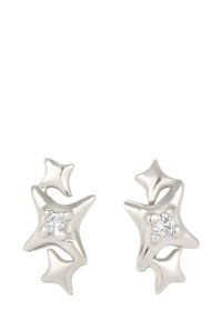 Sølvstjerneformede øreringe med tre klare krystaller indlejret i designet. Glat tekstur med en poleret overflade.