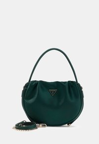 Zielona torebka z ekologicznej skóry o zakrzywionym kształcie, marszczonym wzorze i złotych elementach. Posiada odpinany pasek z łańcuszkowymi zdobieniami.