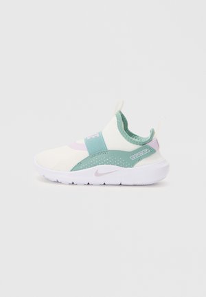 Lightweight sneaker with a white mesh upper, mint green strap and accents, lilac detail, textured collar, and white rubber sole.