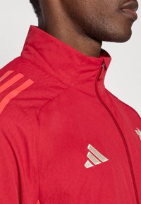 Red zip-up jacket with a high collar, featuring light pink stripes and an embroidered gold logo on the chest. Smooth, textured fabric.