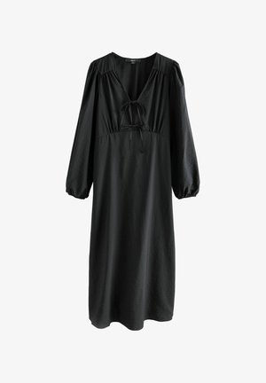 Sort midi kjole lavet af glat stof. Har V-udskæring med bindebånd og puffede lange ærmer. Udfoldet nederste kant.