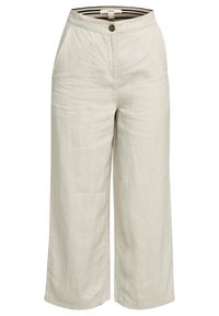 Pantalon court ample beige pour femmes avec fermeture à bouton et poches latérales, doté d'une ceinture intérieure rayée.