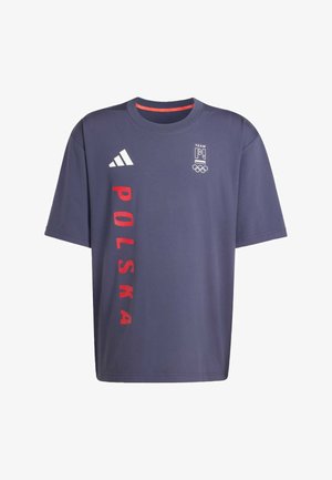 Granatowy sportowy T-shirt z krótkim rękawem z czerwonym pionowym napisem "POLSKA", białym logo Adidas oraz emblemam olimpijskiej drużyny Polski na piersi.