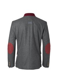 Graue Wolljacke mit einem weinroten Kragen, braunen Ellbogenflicken und Messingknopfdetails. Das Rückendesign beinhaltet feine Stickereien.