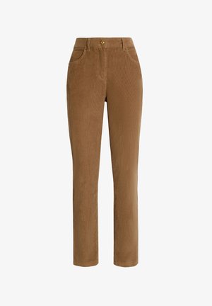 Pantalons en velours côtelé marron avec une coupe droite, dotés de deux poches avant et d'une fermeture à bouton doré au niveau de la taille. Texture lisse.