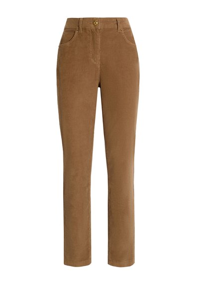 Brūni korduroja bikses ar taisnu kāju dizainu, kurām ir divas priekšējās kabatas un zelta pogas aizdare jostasvietā. Gluda tekstūra.