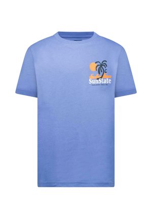 Lichtblauw katoenen T-shirt met een grafische print van een zon, palmboom en golven in oranje en zwart. Ronde halslijn en korte mouwen.