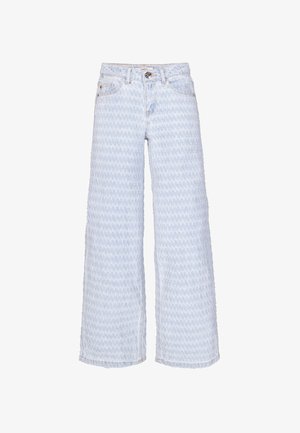 Lyseblå jeans med højtaljede, vide ben og et subtilt all-over hundetandsmønster, forlommer, bæltestropper og knaplukning.